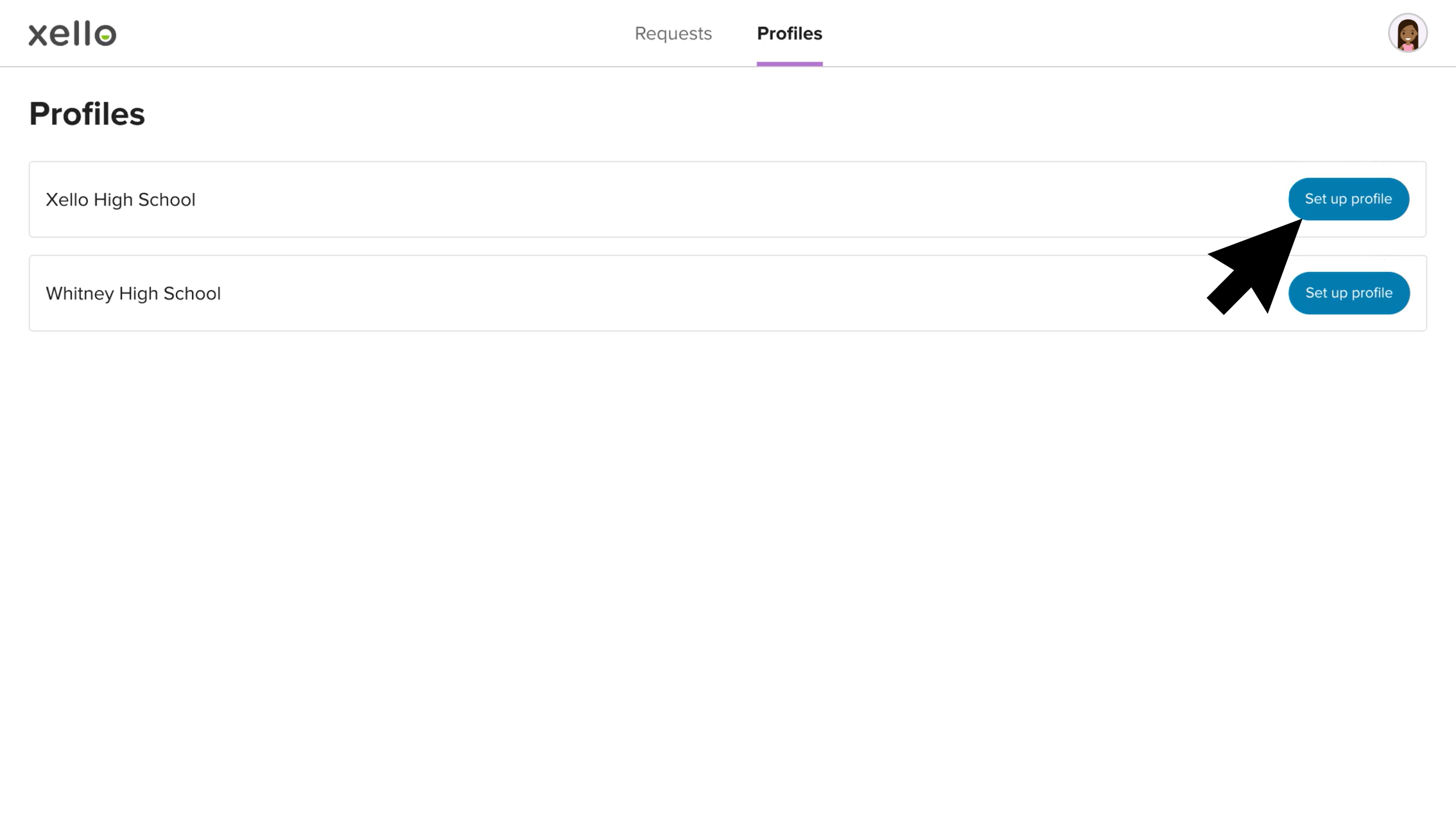 Click to enlarge External referrer profiles tab, the cursor is clicking Set up profile